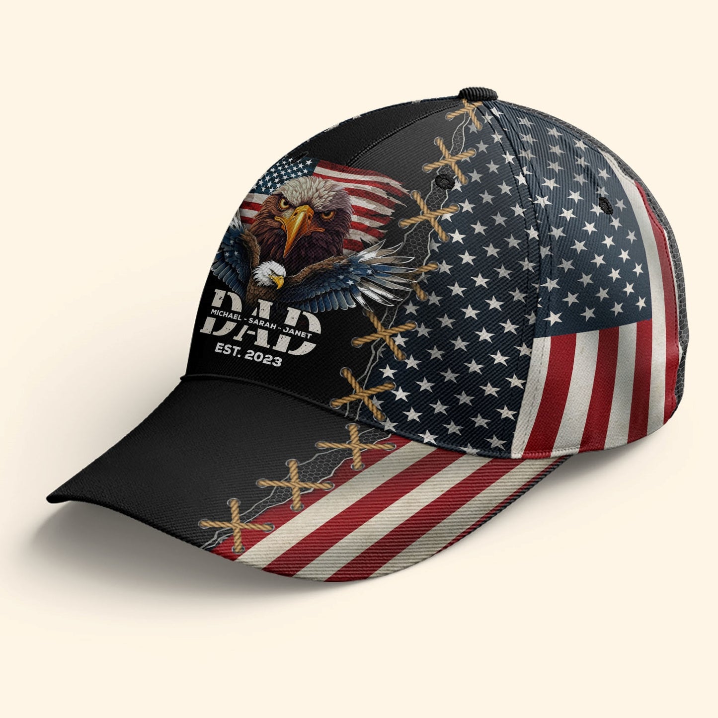 Dad Est American Flag Rustic With Kids' Names - Personalized Classic Cap