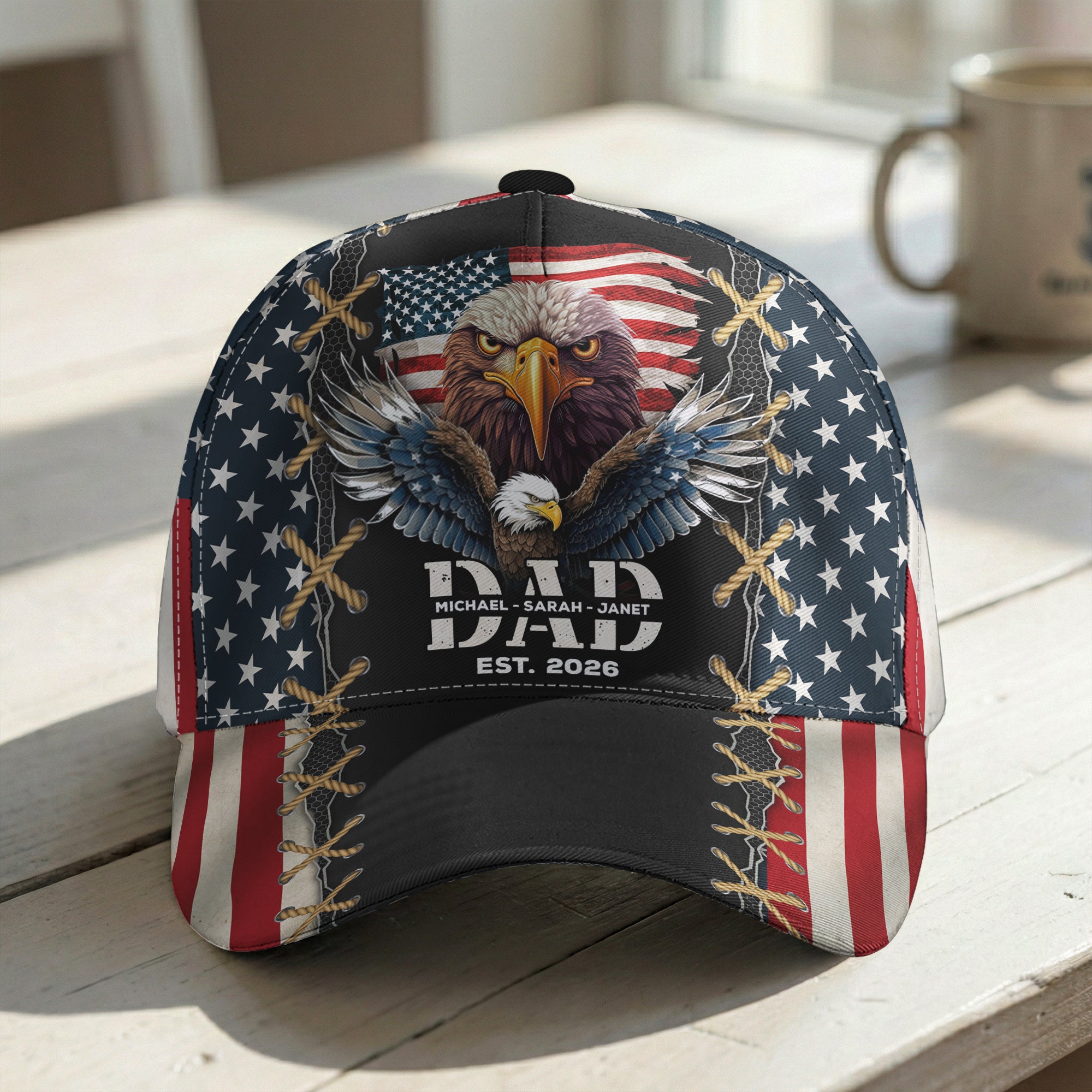 Father's Day Gifts, Dad Est American Flag Rustic With Kids' Names - Personalized Classic Cap