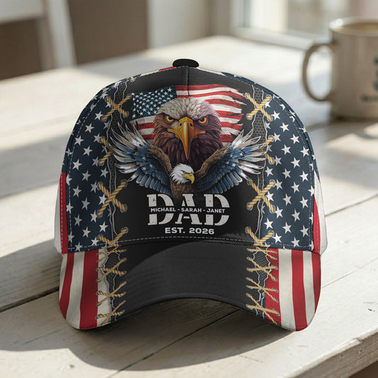 Father's Day Gifts, Dad Est American Flag Rustic With Kids' Names - Personalized Classic Cap