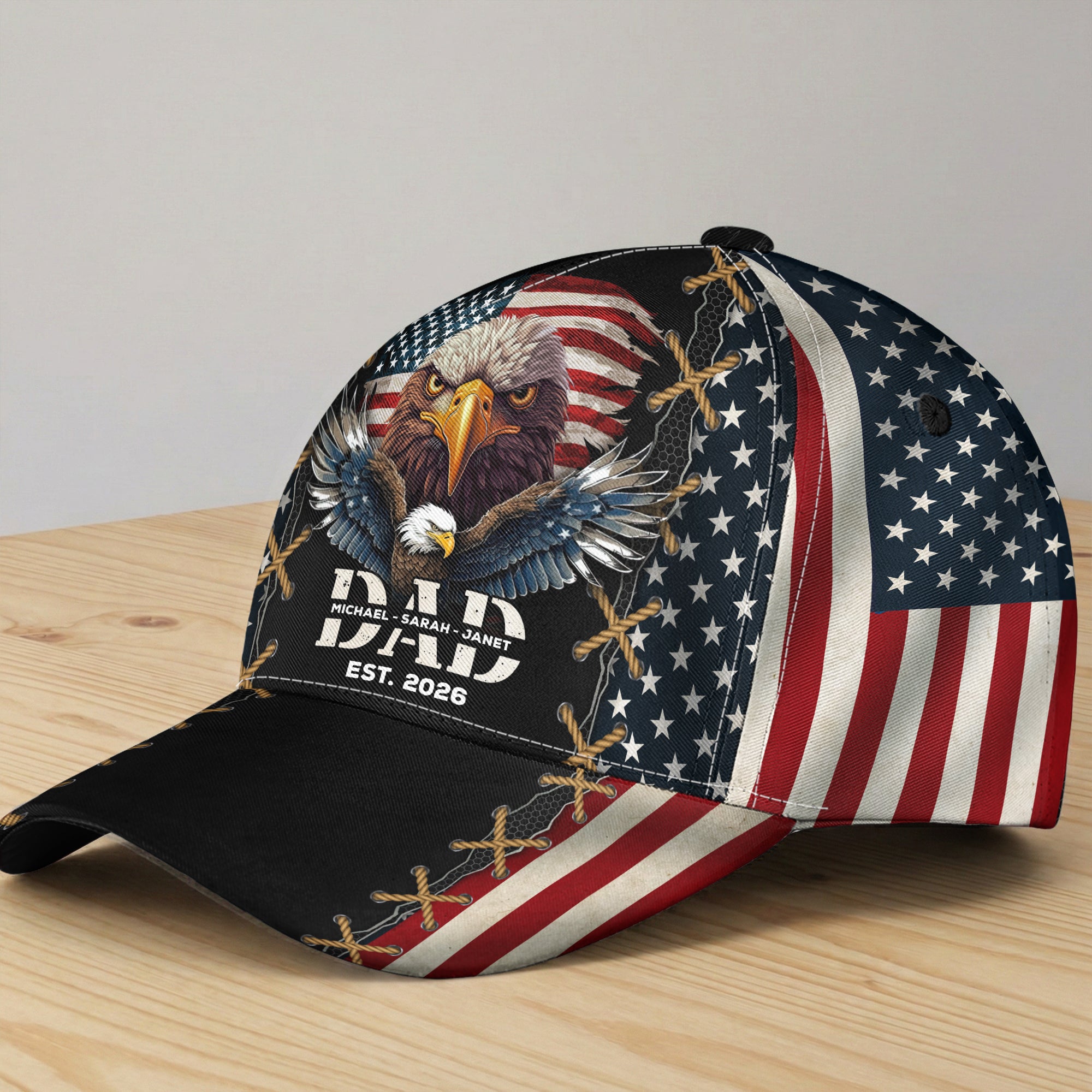 Father's Day Gifts, Dad Est American Flag Rustic With Kids' Names - Personalized Classic Cap