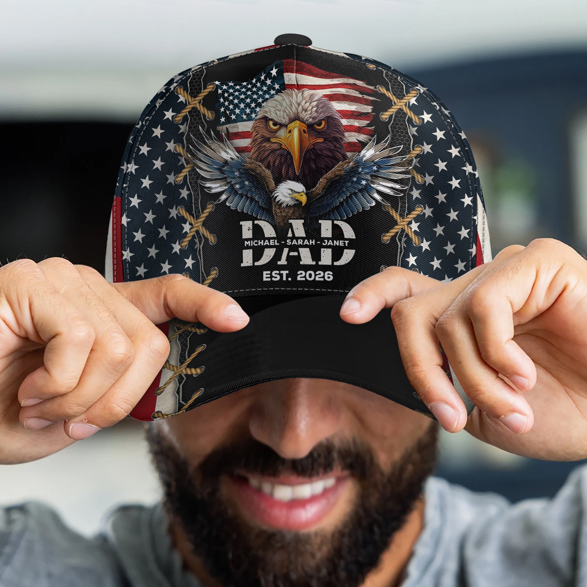 Father's Day Gifts, Dad Est American Flag Rustic With Kids' Names - Personalized Classic Cap