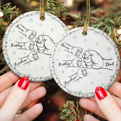 Dad Hand Bump Kid Name Christmas Light - Personalized Ceramic Ornament