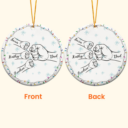 Dad Hand Bump Kid Name Christmas Light - Personalized Ceramic Ornament