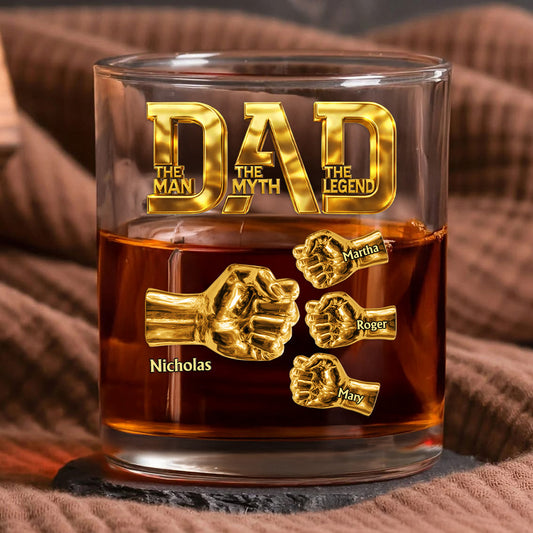 Dad The Man The Myth The Legend - Fist Bump With Kids Names - Personalized Whiskey Glass