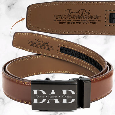 Dad With Kids' Names - Personalized Leather Belt With Engraved Buckle