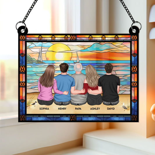 Dad & Children Sitting On The Beach - Personalized Window Hanging Suncatcher Ornament