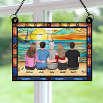 Dad & Children Sitting On The Beach - Personalized Window Hanging Suncatcher Ornament