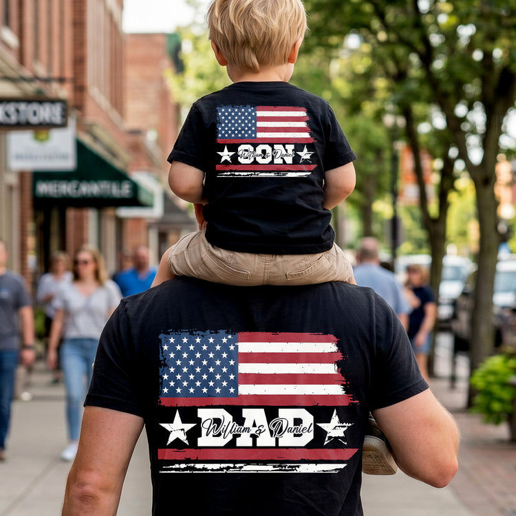 Dad-&-Daughter,-Son-Fist-Bump-USA-Flag-Design-Personalized-Shirt-1