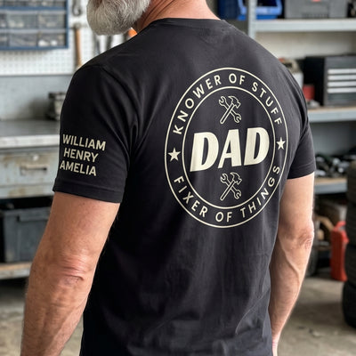 Dad, Papa Knower Of Stuff, Fixer Of Things - With Kids' Names On Sleeves - Personalized Shirt