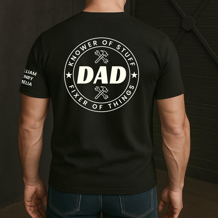 Dad,-Papa-Knower-Of-Stuff,-Fixer-Of-Things-With-Kids'-Names-On-Sleeves-Personalized-Shirt-2