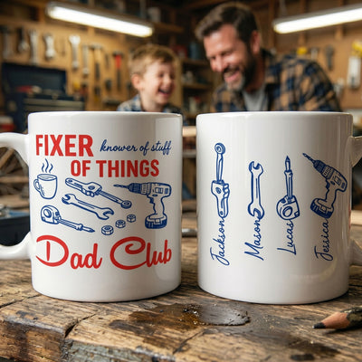 Dad, Papa Knower Of Stuff, Fixer Of Things - With Kids' Names - Personalized Mug