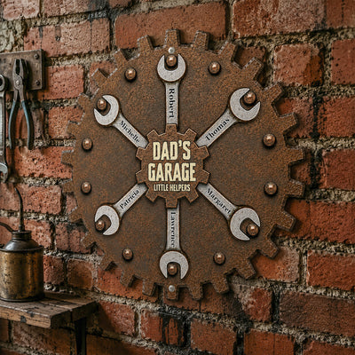 Dad’s Garage Little Helpers, Father's Day Steel Man Cave Sign For Daddy, Papa, Grandpa - Personalized Metal Sign