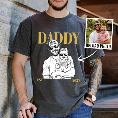 Daddy Est Custom Photo Sketch Line Art Father's Day Gift For Dad, Husband - Personalized Shirt