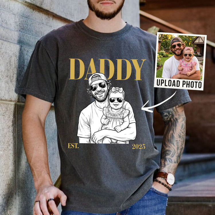 Daddy-Est-Custom-Photo-Sketch-Line-Art-Fathers-Day-Gift-For-Dad-Husband-Personalized-Shirt-1