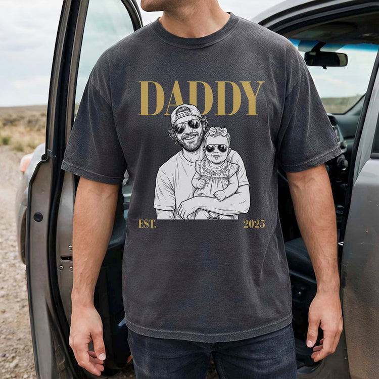 Daddy-Est-Custom-Photo-Sketch-Line-Art-Fathers-Day-Gift-For-Dad-Husband-Personalized-Shirt-2