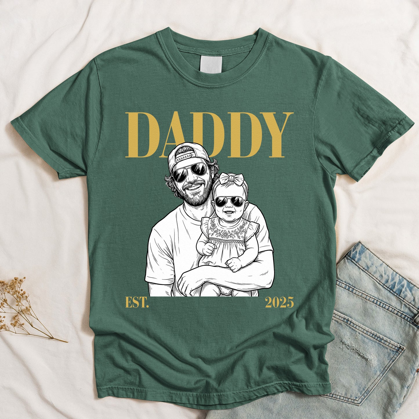 Daddy-Est-Custom-Photo-Sketch-Line-Art-Fathers-Day-Gift-For-Dad-Husband-Personalized-Shirt-4