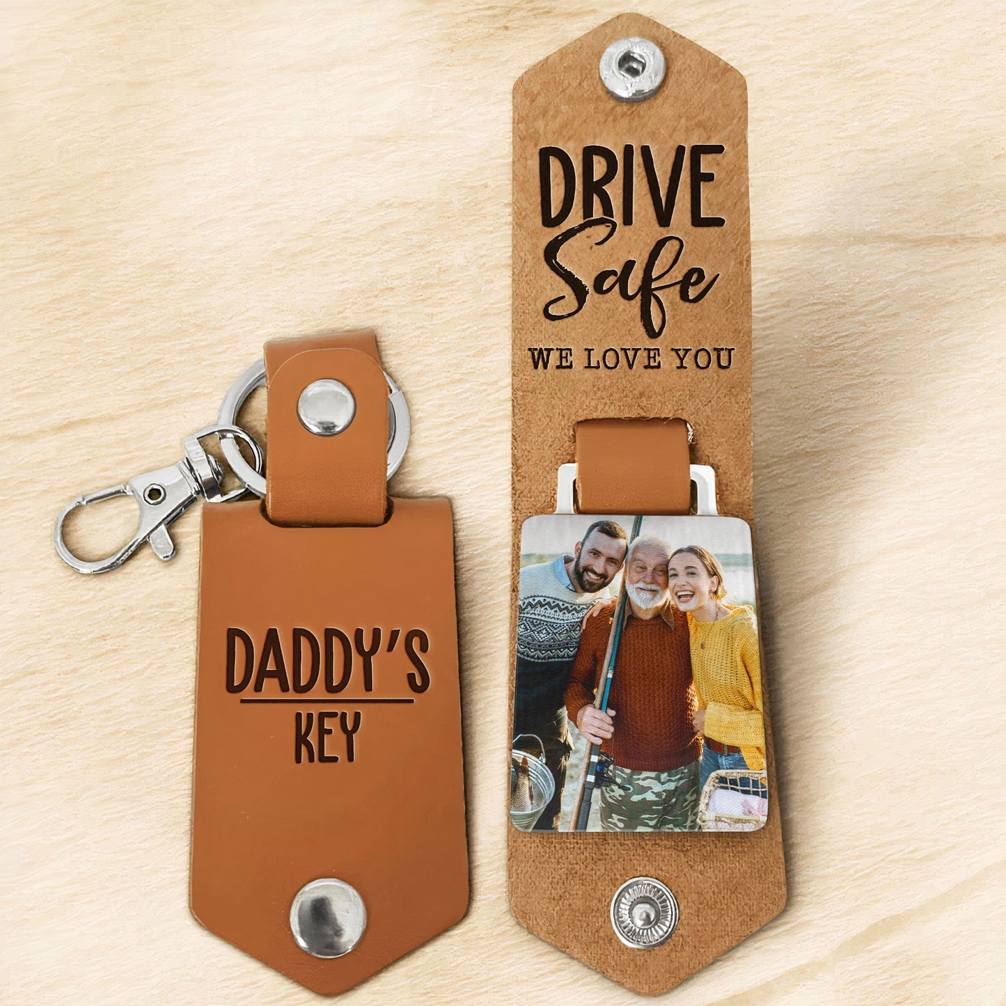 Daddy's Keys Drive Safe I Love You - Personalized Leather Photo Keychain