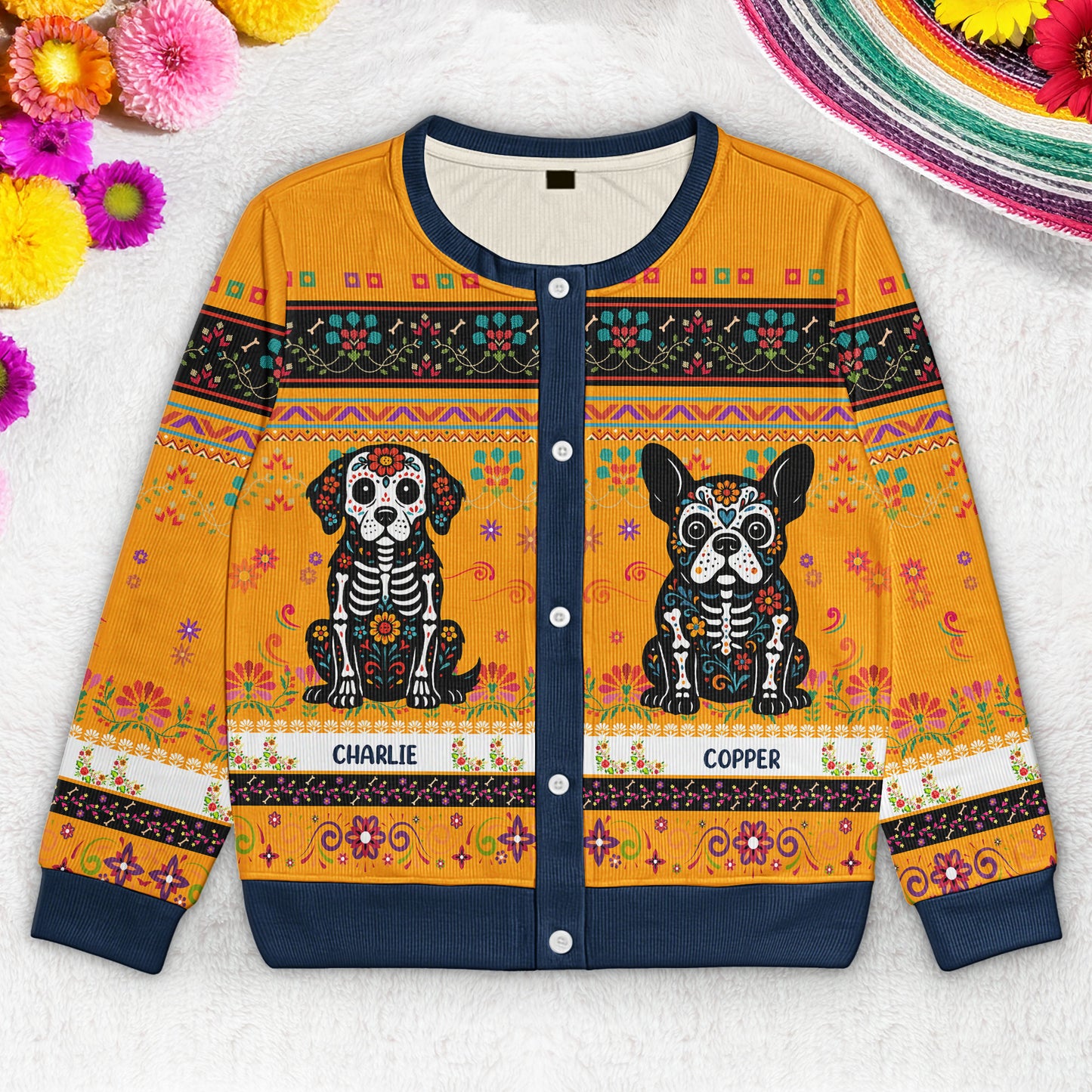 Day Of The Dead Dog Cat Hispanic Mexican Flowers - Personalized Crewneck Cardigan