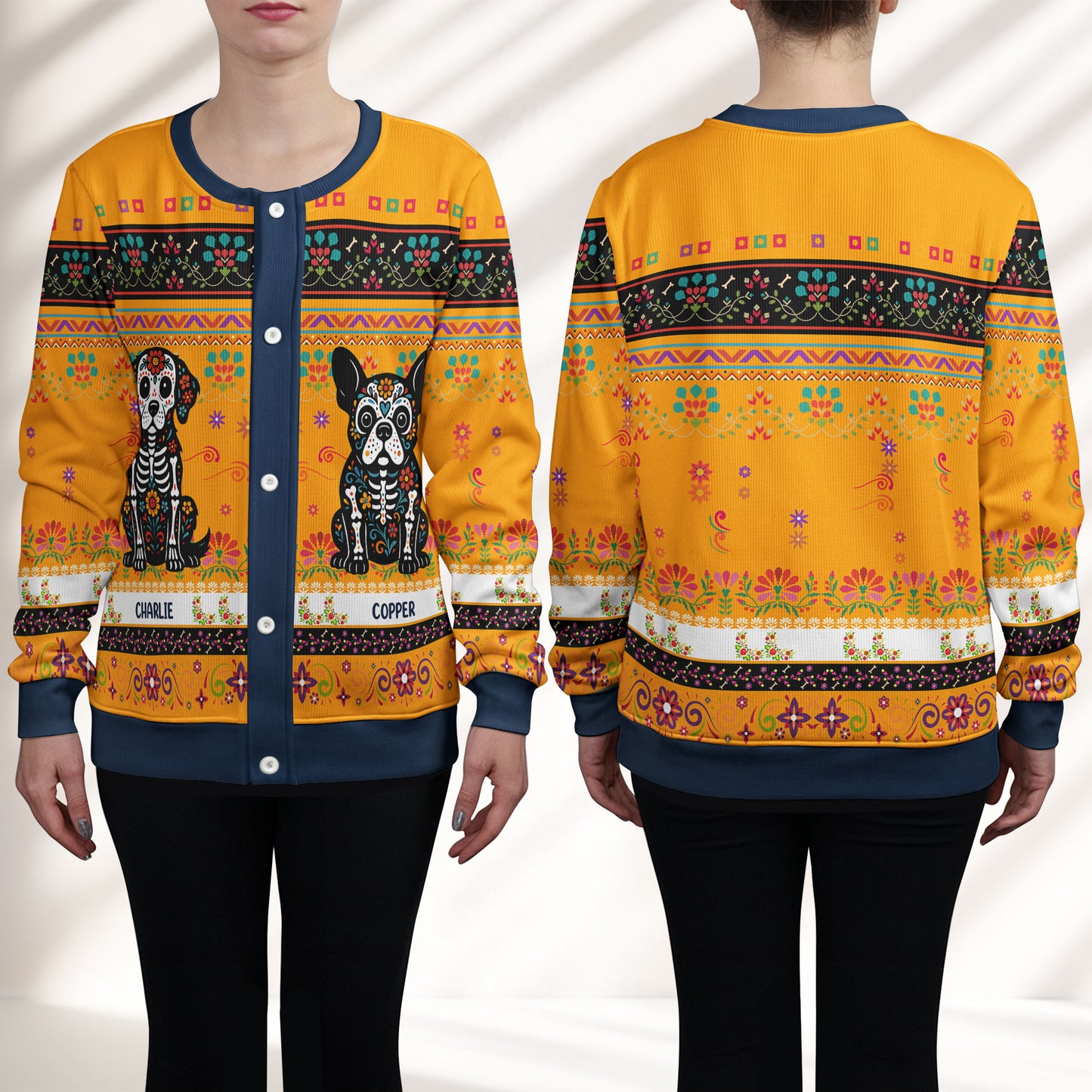 Day Of The Dead Dog Cat Hispanic Mexican Flowers - Personalized Crewneck Cardigan
