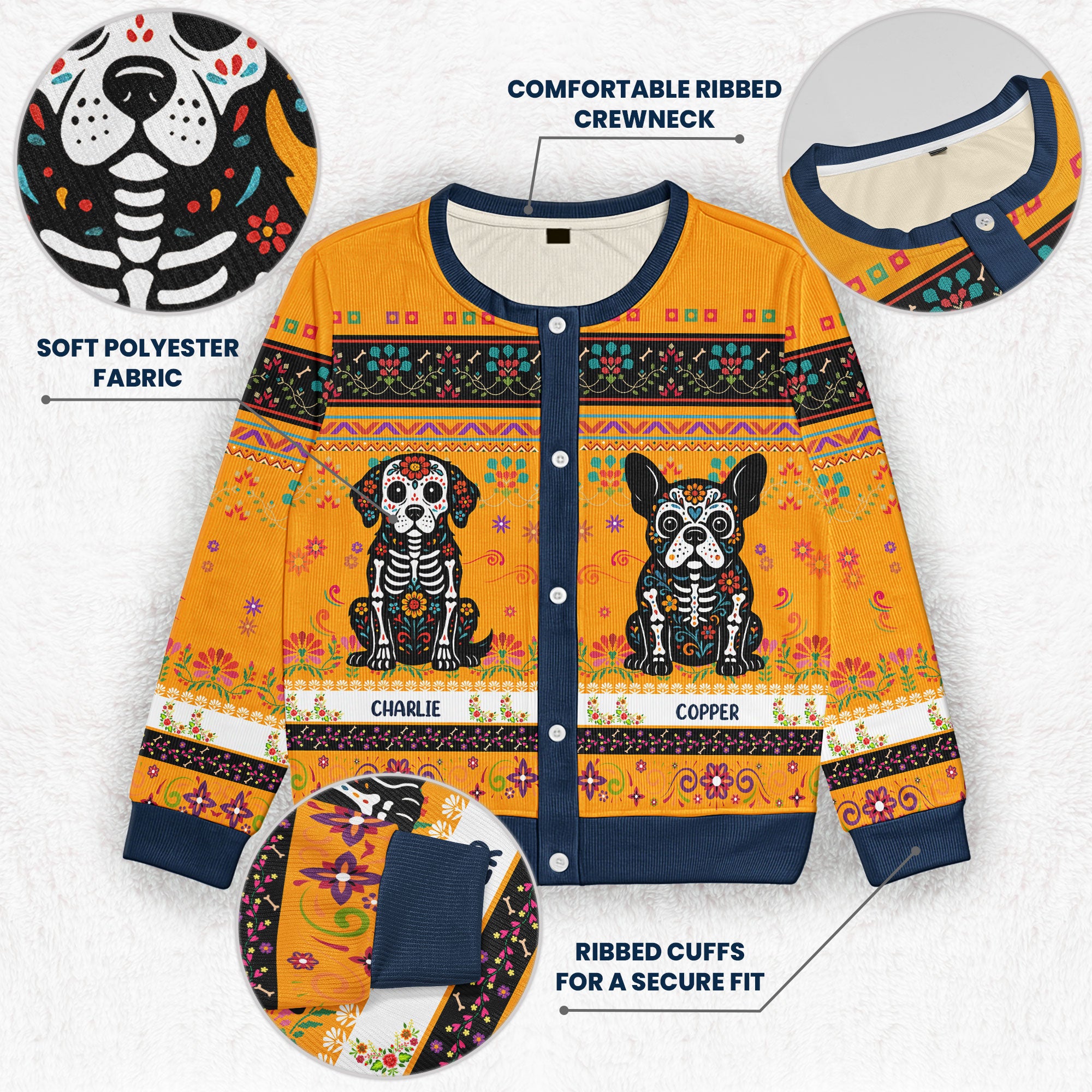 Day Of The Dead Dog Cat Hispanic Mexican Flowers - Personalized Crewneck Cardigan