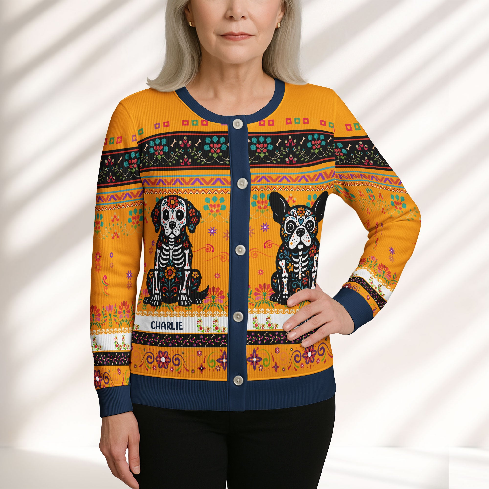 Day Of The Dead Dog Cat Hispanic Mexican Flowers - Personalized Crewneck Cardigan