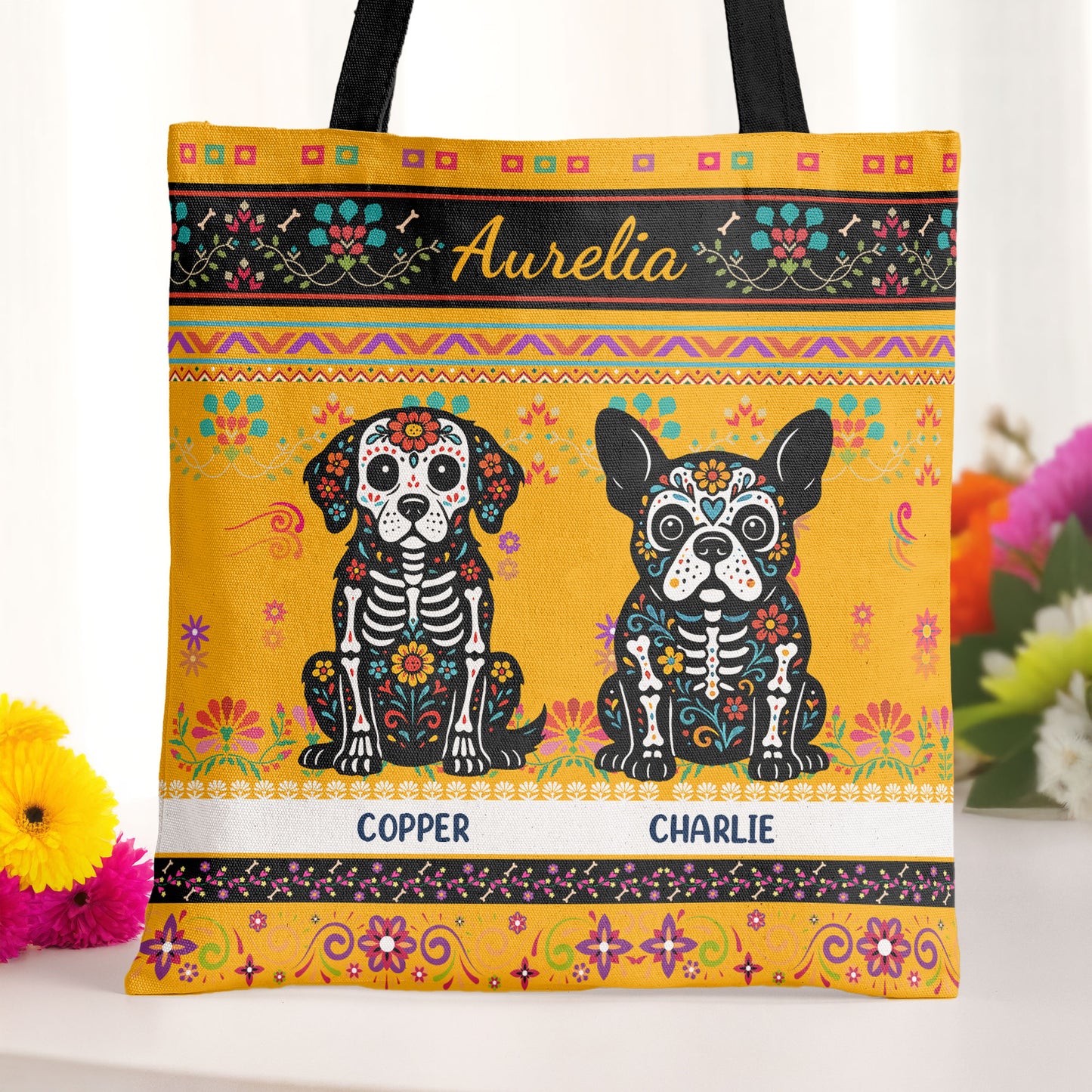Day Of The Dead Dog Cat Hispanic Mexican Flowers - Personalized Tote Bag