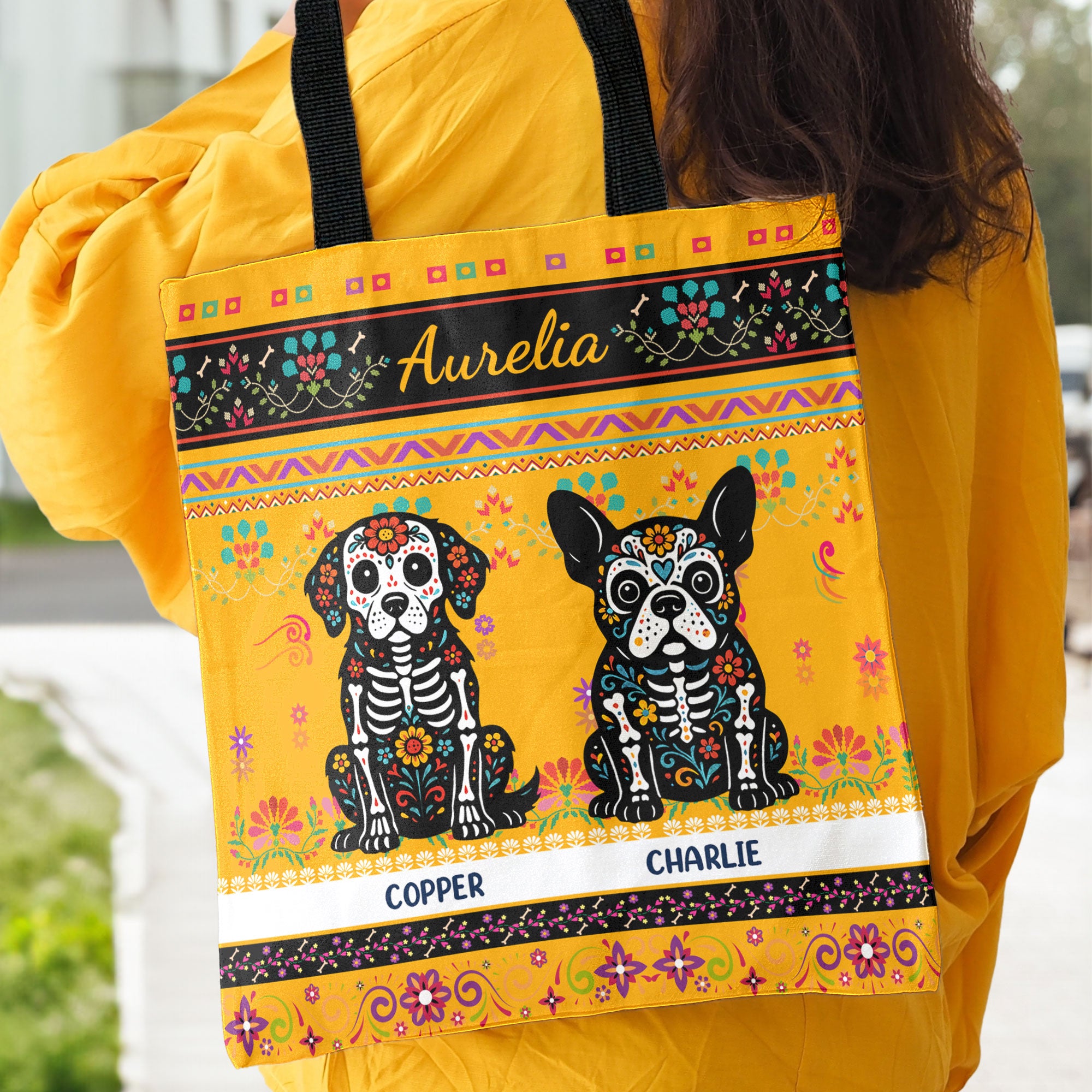 Day Of The Dead Dog Cat Hispanic Mexican Flowers - Personalized Tote Bag