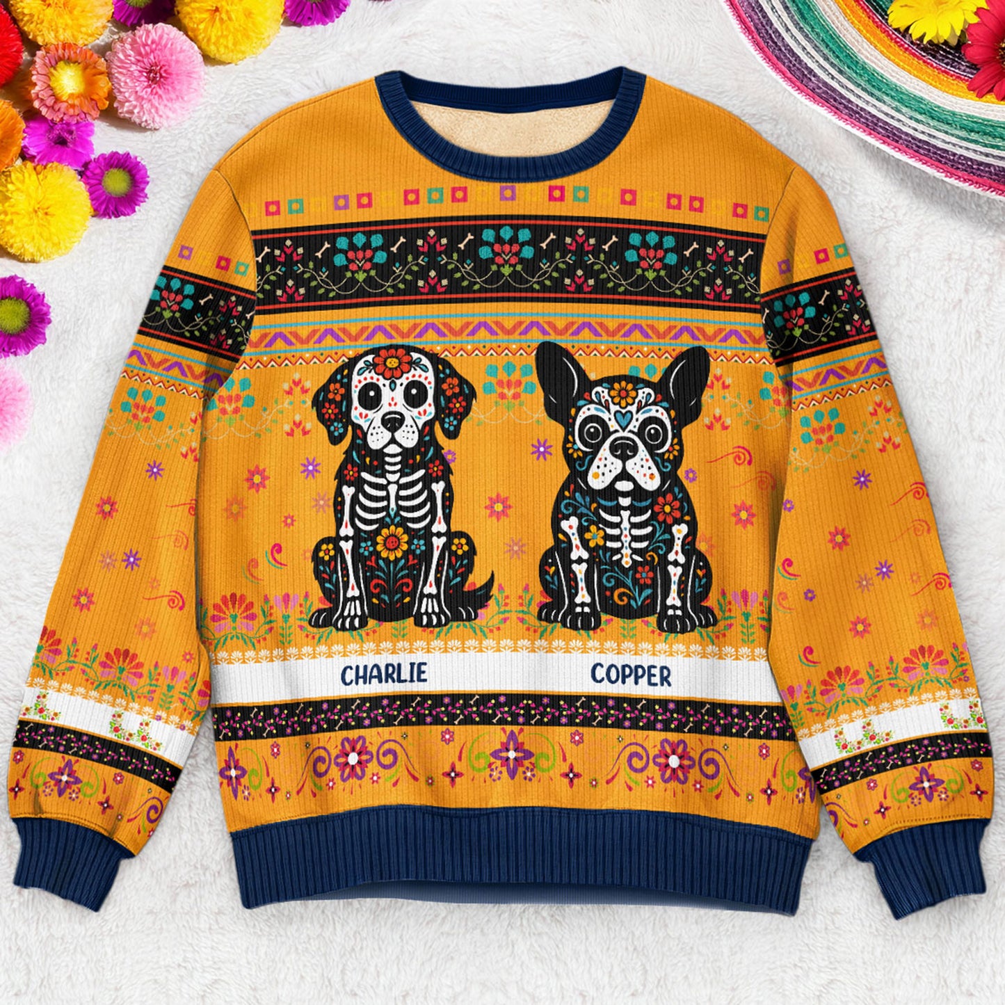 Day Of The Dead Dog Cat Hispanic Mexican Flowers - Personalized Ugly Sweater