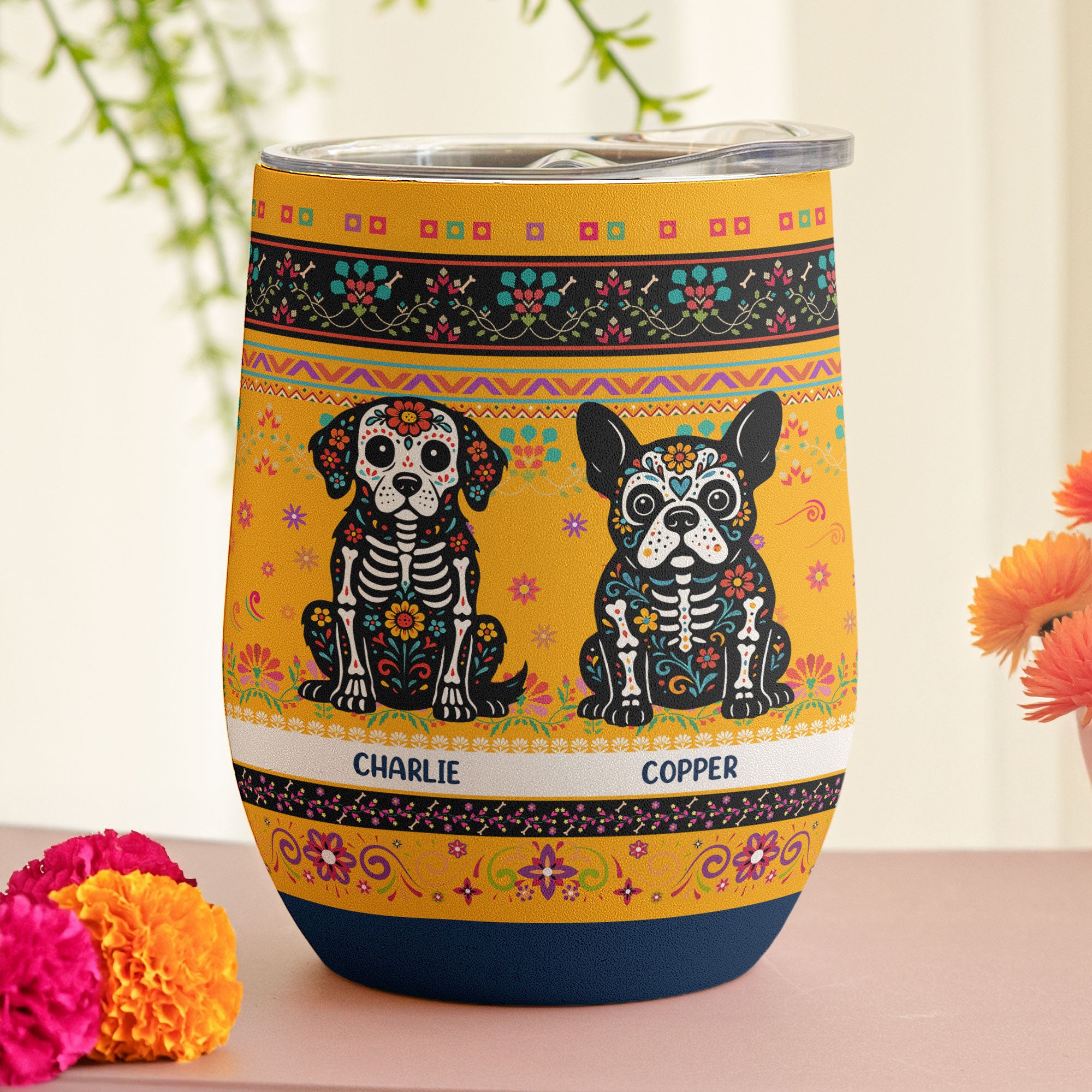 Day Of The Dead Dog Cat Hispanic Mexican Flowers - Personalized Wine Tumbler