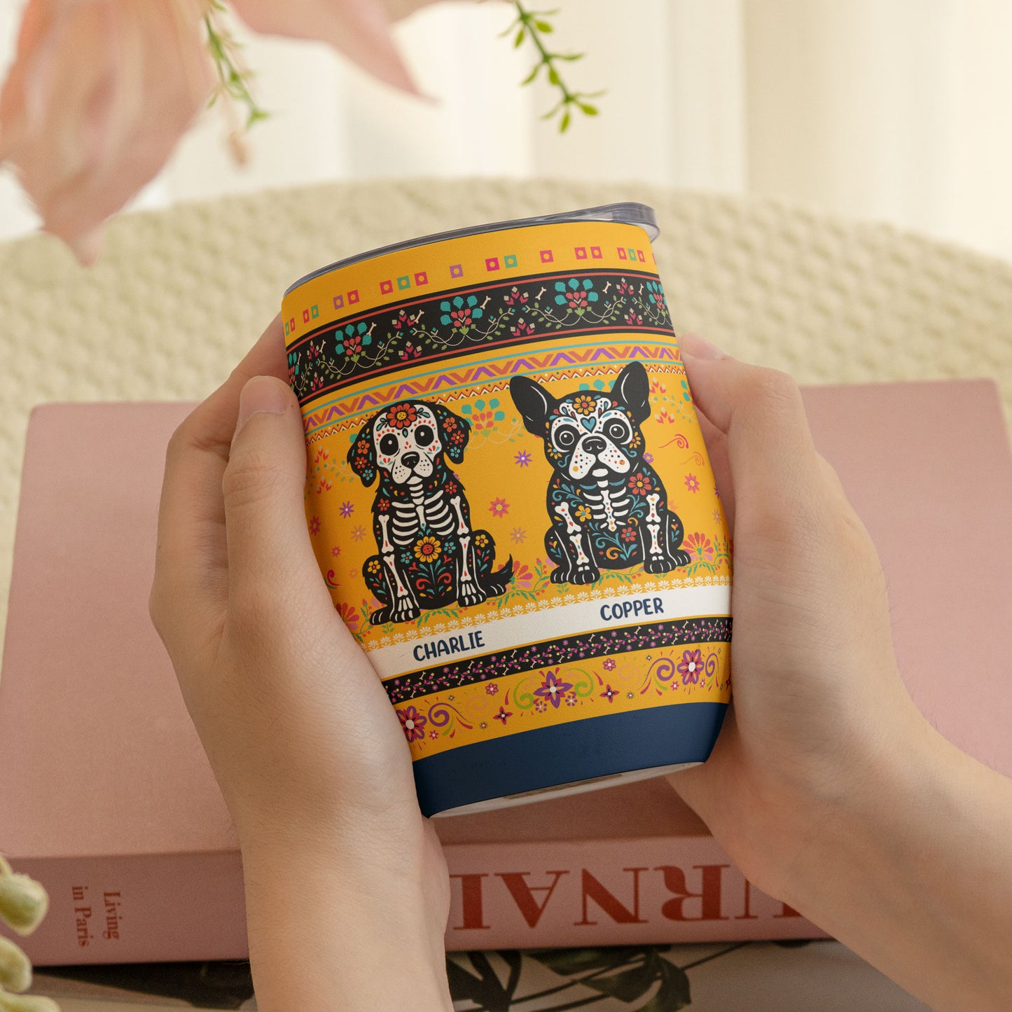 Day Of The Dead Dog Cat Hispanic Mexican Flowers - Personalized Wine Tumbler
