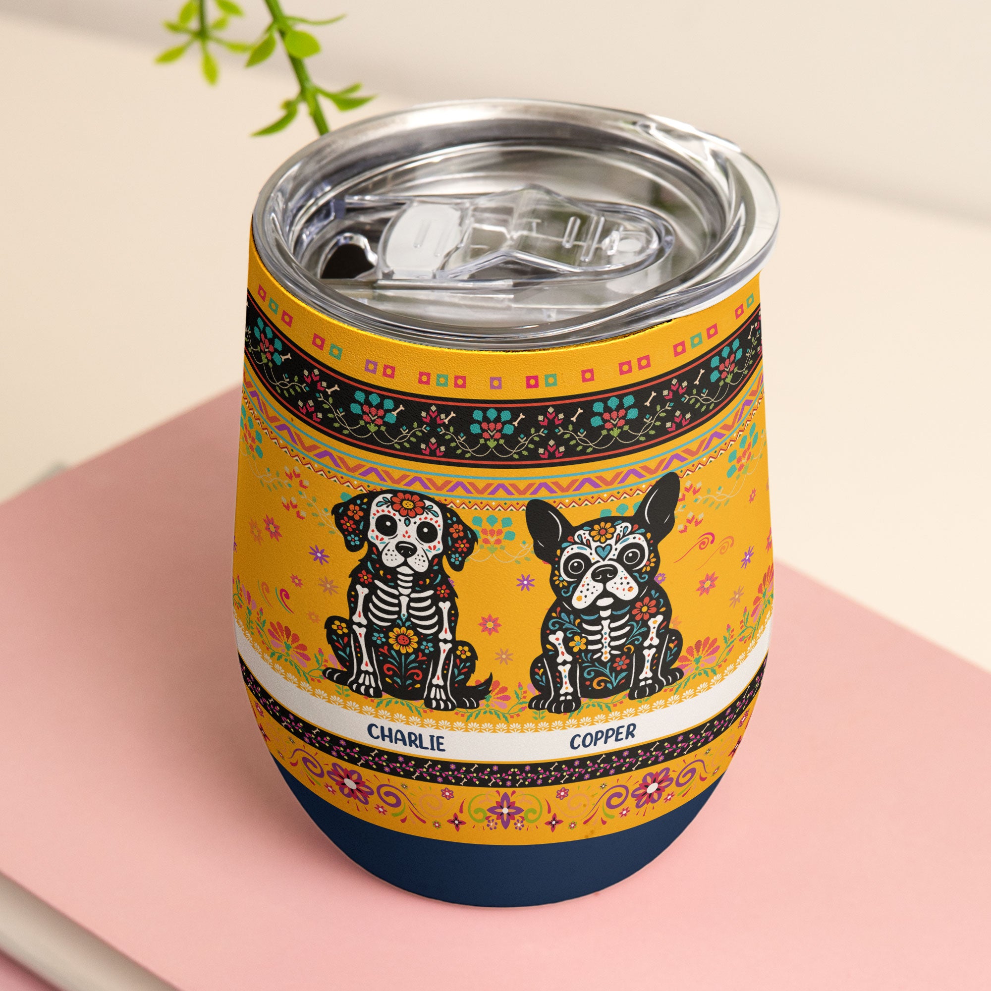 Day Of The Dead Dog Cat Hispanic Mexican Flowers - Personalized Wine Tumbler