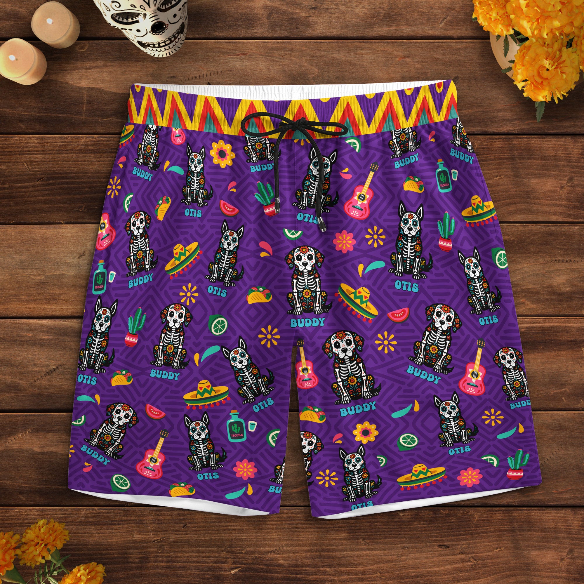 Day Of The Dead Dog Cat Hispanic Mexican Latinos - Personalized Men's Beach Shorts