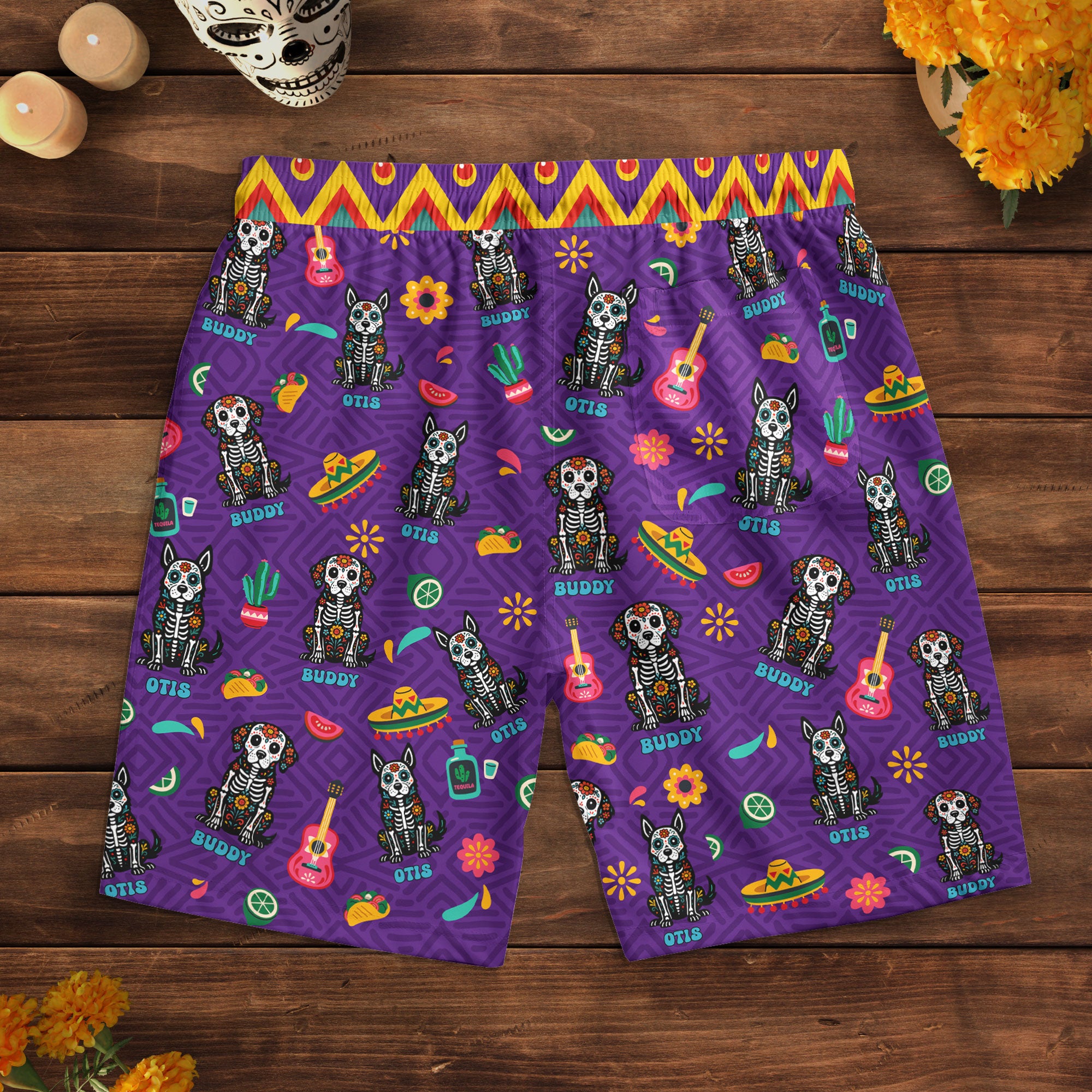 Day Of The Dead Dog Cat Hispanic Mexican Latinos - Personalized Men's Beach Shorts