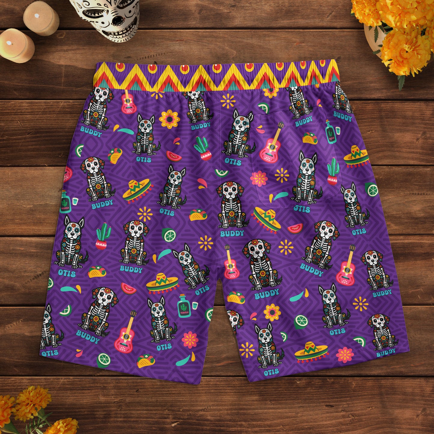 Day Of The Dead Dog Cat Hispanic Mexican Latinos - Personalized Men's Beach Shorts