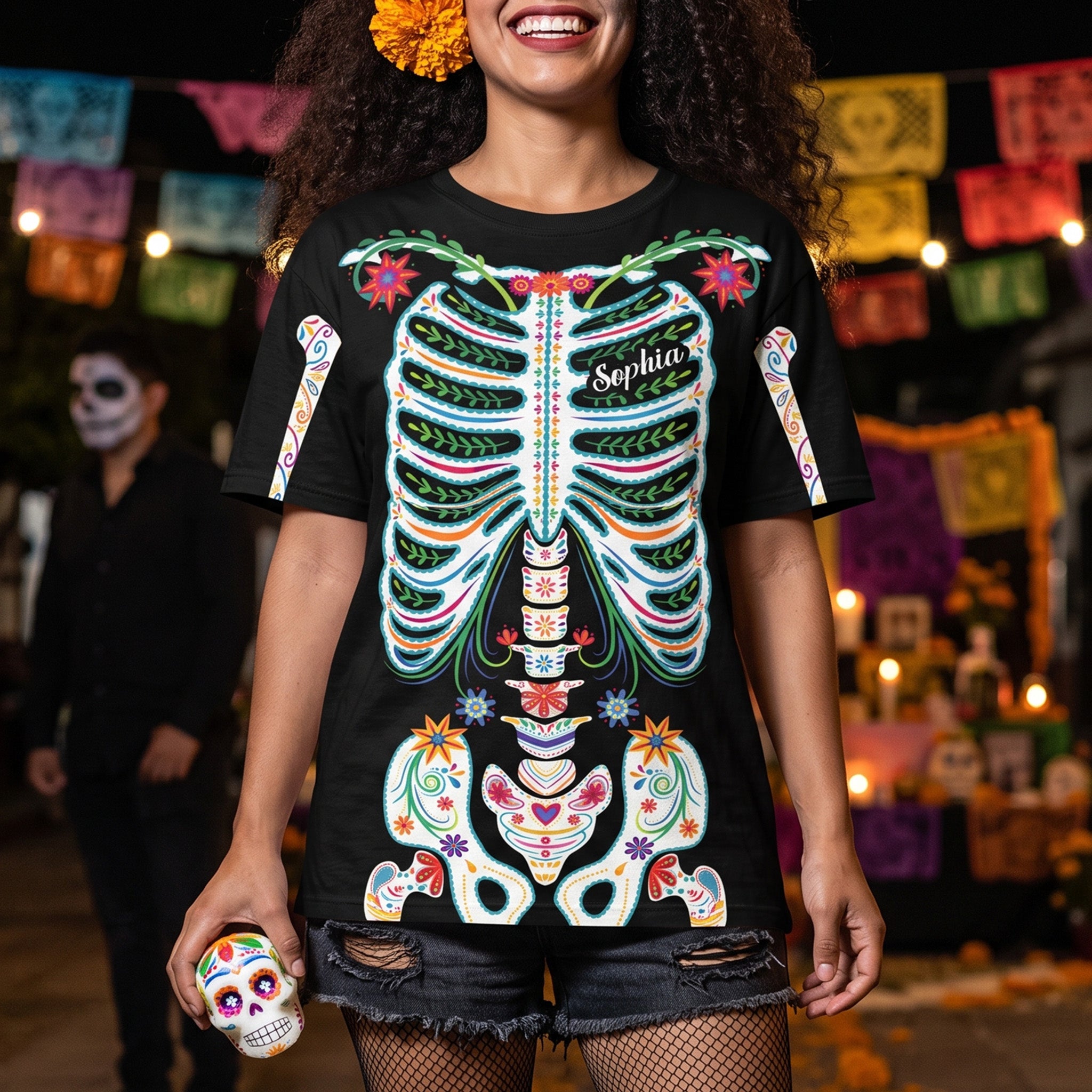 Day-Of-The-Dead-Sugar-Skeleton-Hispanic-Mexican-Latinos-Flowers-Personalized-Shirt