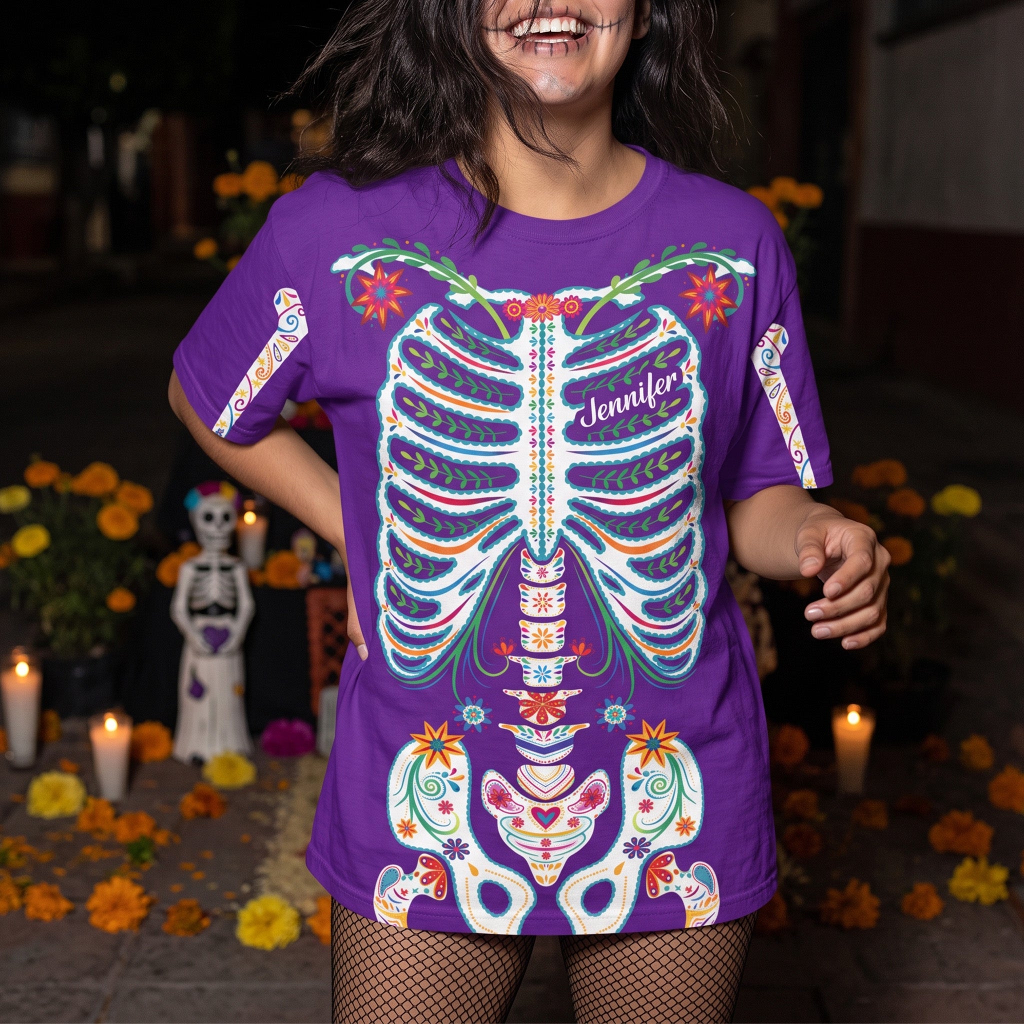 Day-Of-The-Dead-Sugar-Skeleton-Hispanic-Mexican-Latinos-Flowers-Personalized-Shirt