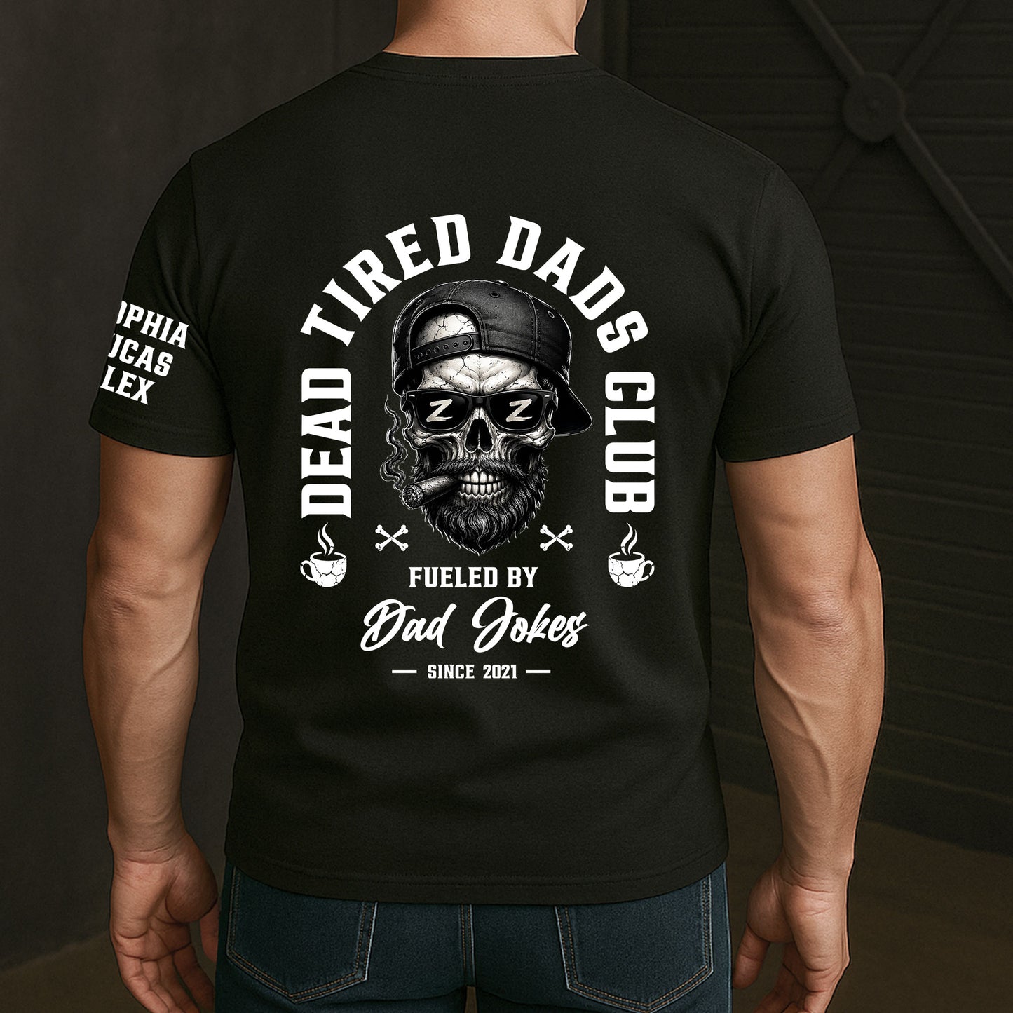 Dead Tired Dads Club - Funny Father's Day Gifts Custom Kids' Names On Sleeves - Up To 10 Names - Personalized Shirt