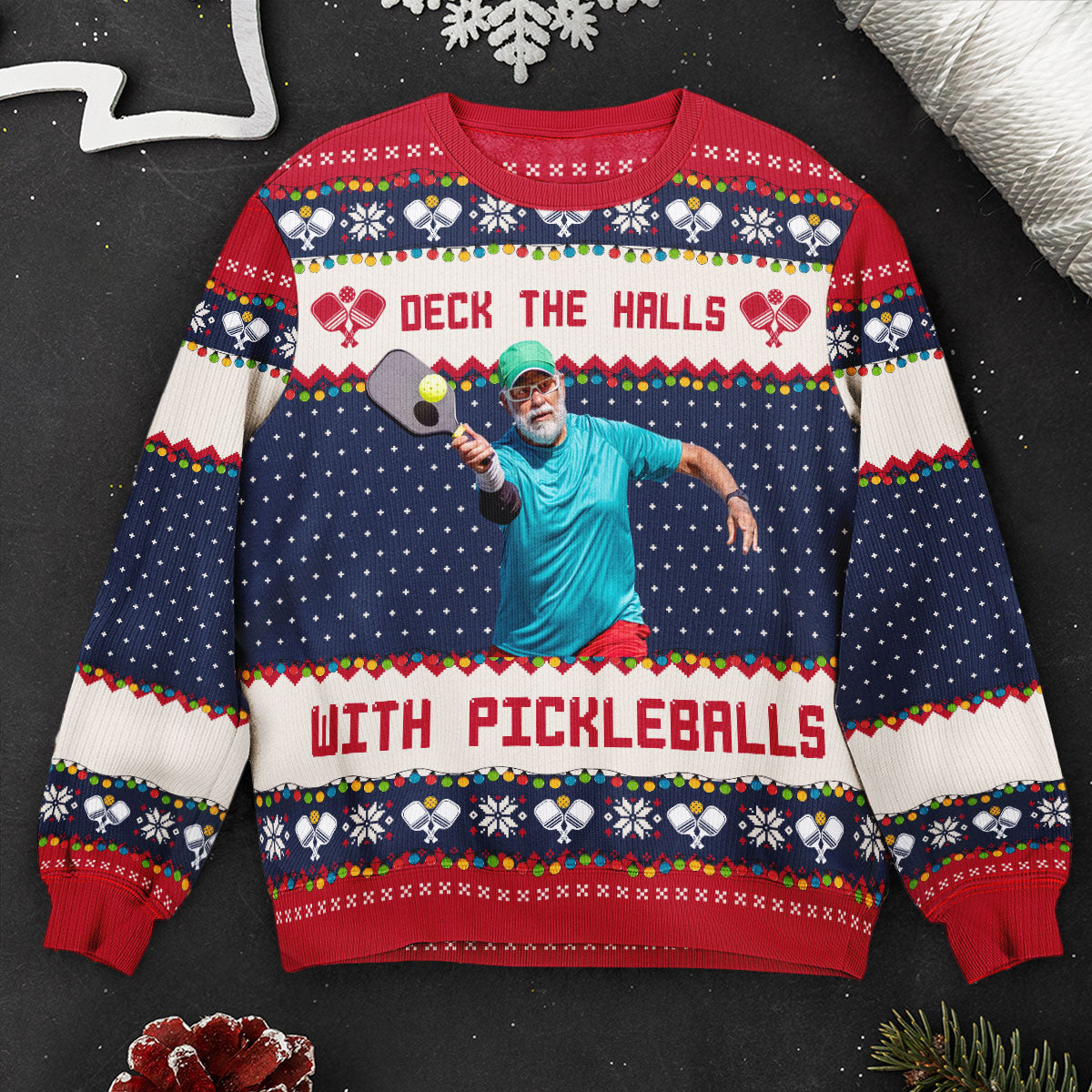 Deck The Halls With Pickleballs - Personalized Photo Ugly Sweater