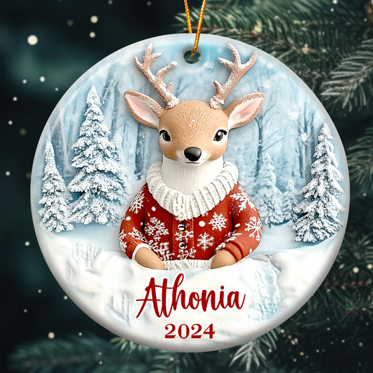 Deer Ornaments Christmas Decoration - Flat Ornament - Personalized Ceramic Ornament