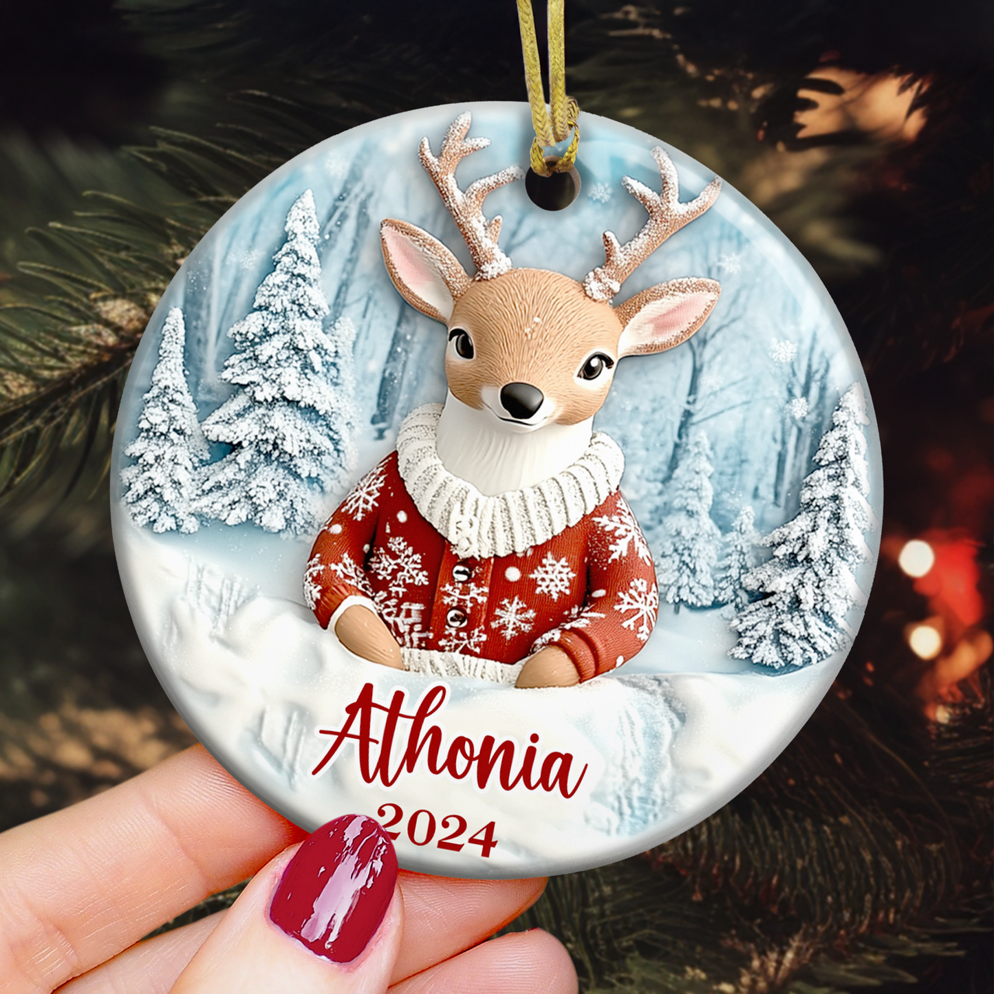 Deer Ornaments Christmas Decoration - Flat Ornament - Personalized Ceramic Ornament