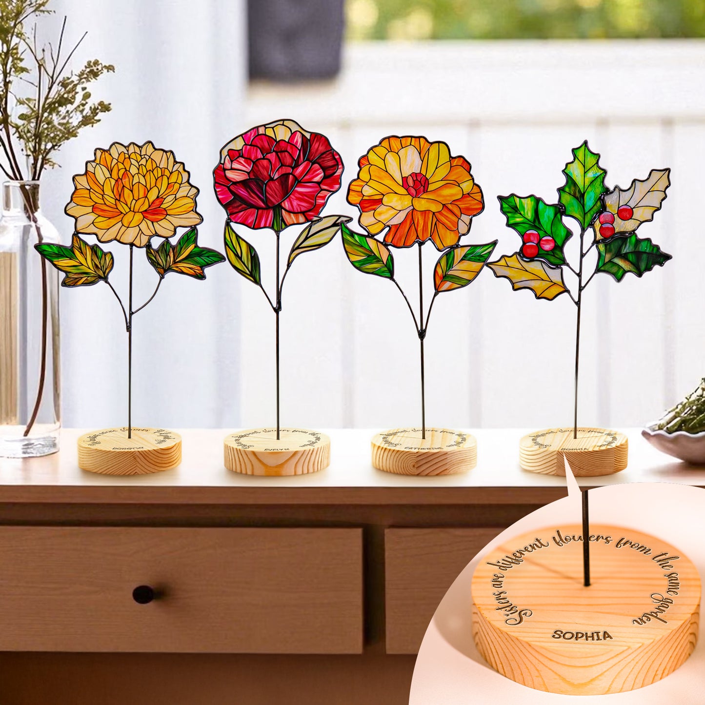 Different Flowers From Same Garden - Custom Stained Glass Birth Flower Suncatcher