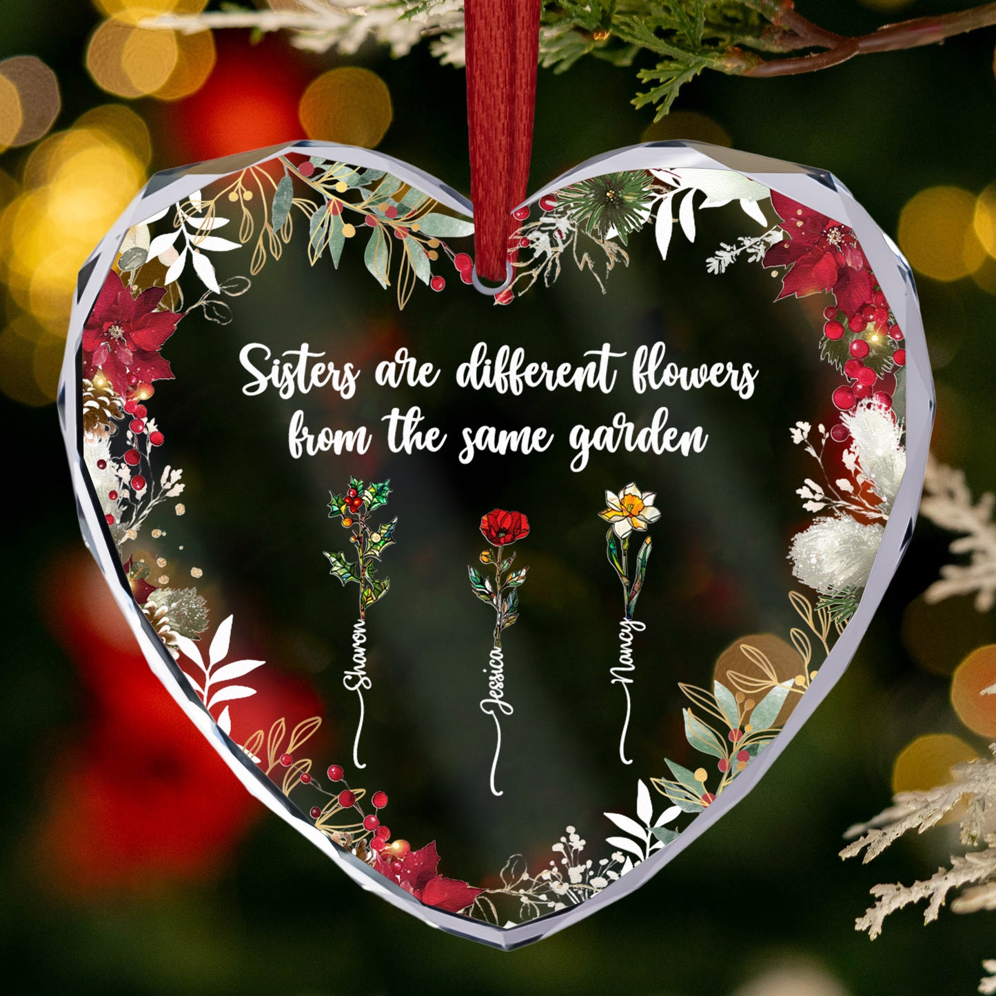 Different Flowers From Same Garden - Personalized Heart Glass Ornament