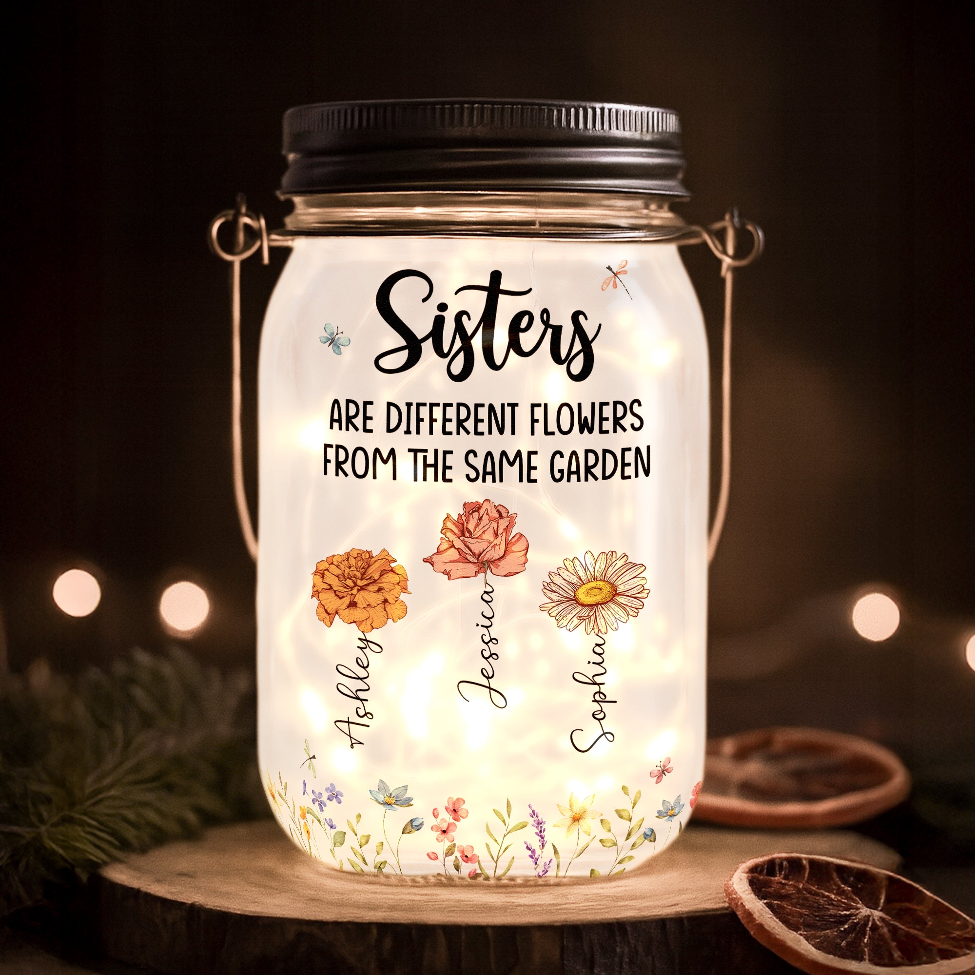 Different Flowers From Same Garden - Personalized Solar Mason Jar Light