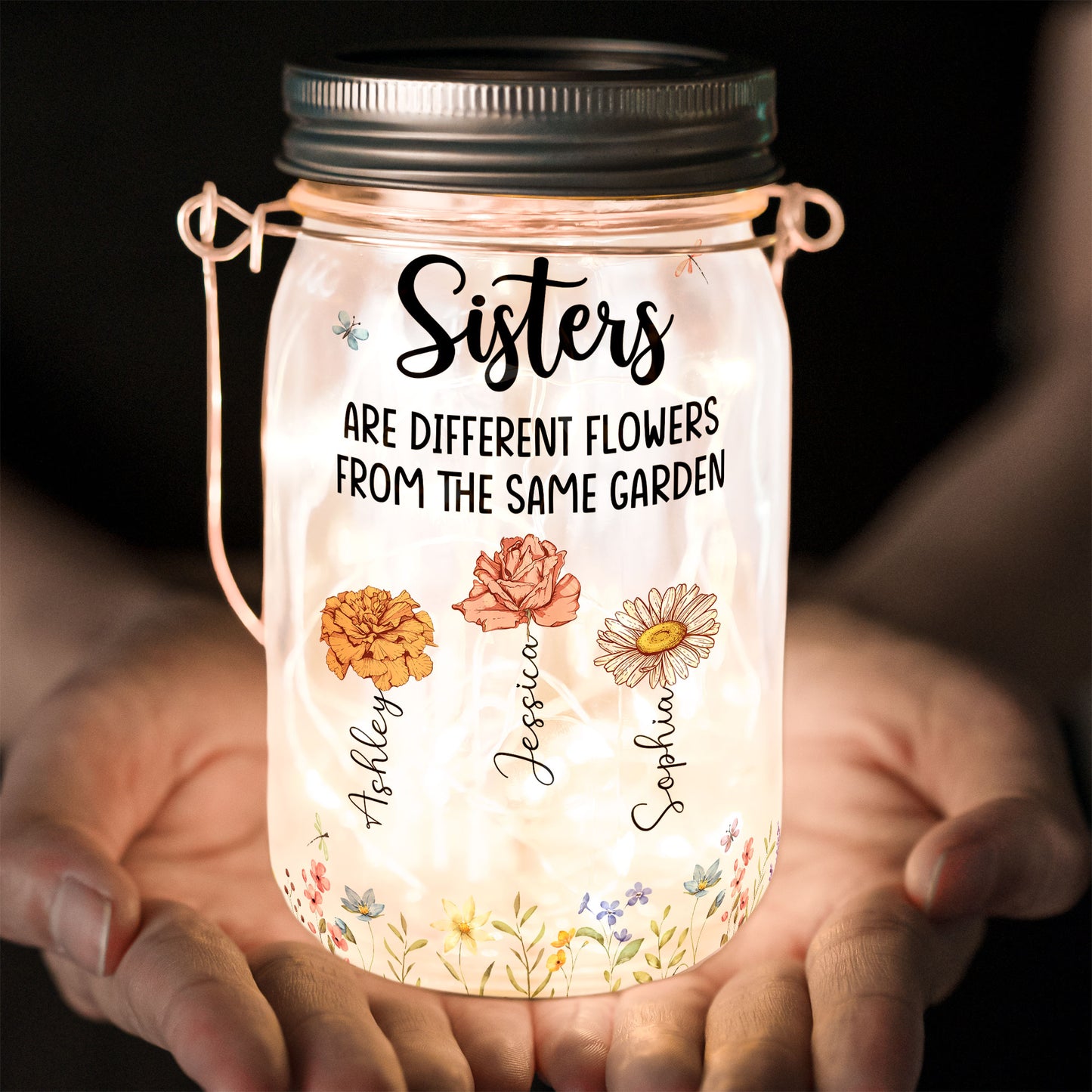 Different Flowers From Same Garden - Personalized Solar Mason Jar Light
