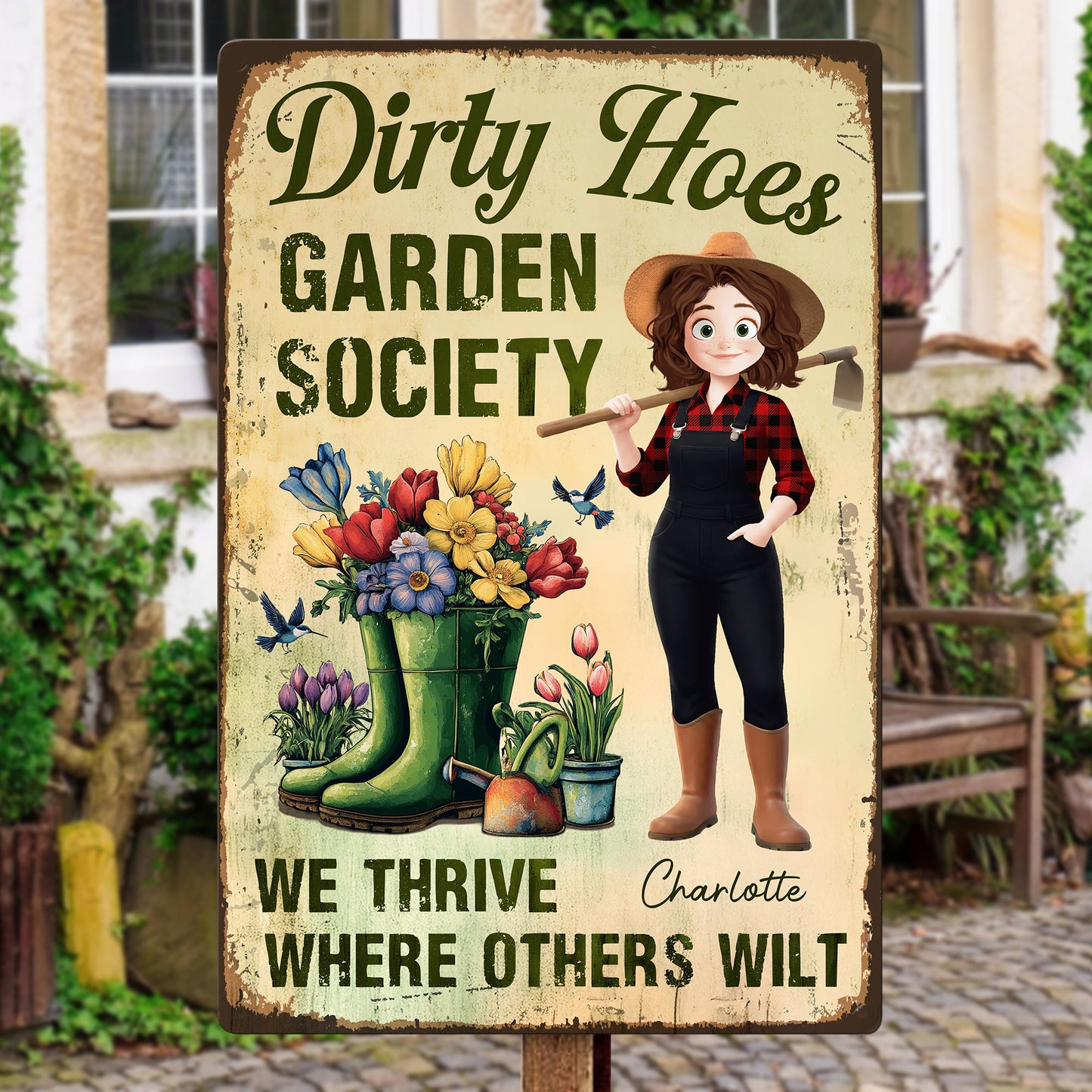 Dirty Hoes Garden Society We Thrive Where Others Wilt - Personalized Metal Sign