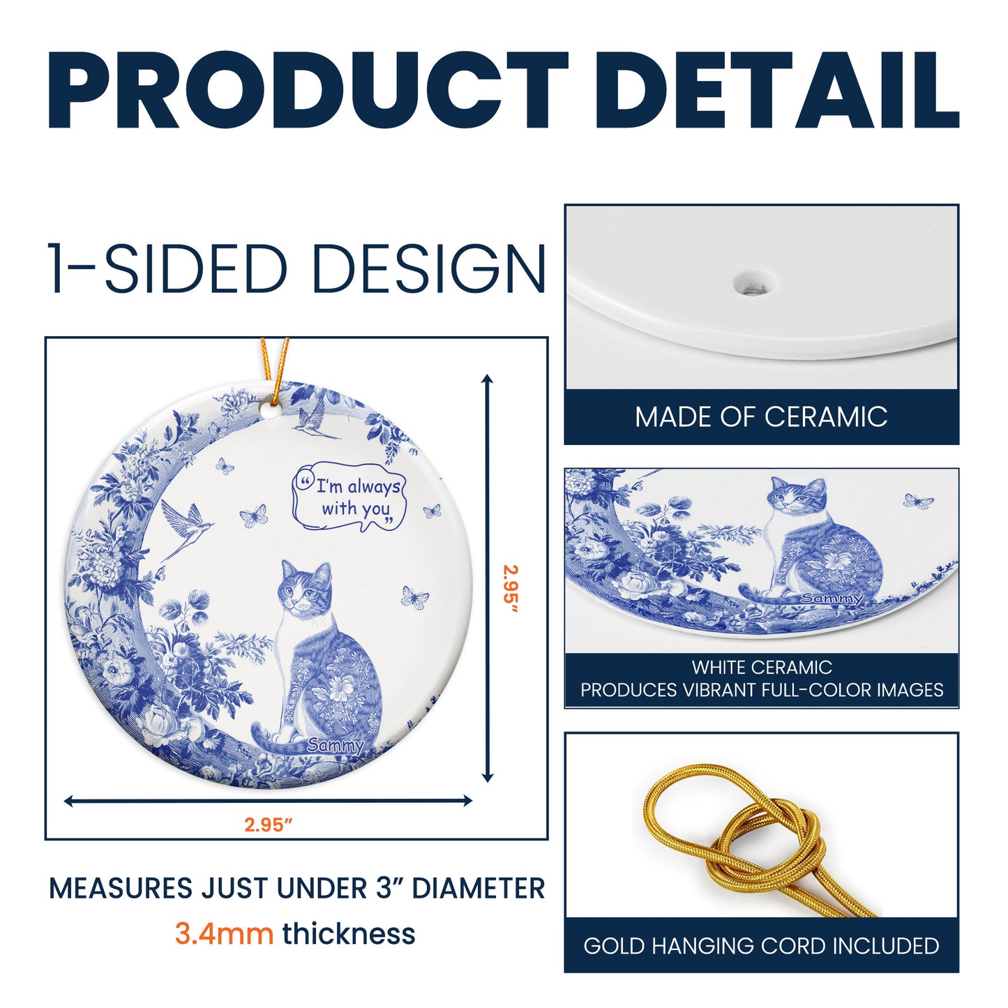 Dog Cat Pet I'm Always With You Toile De Jouy - Personalized Ceramic Ornament