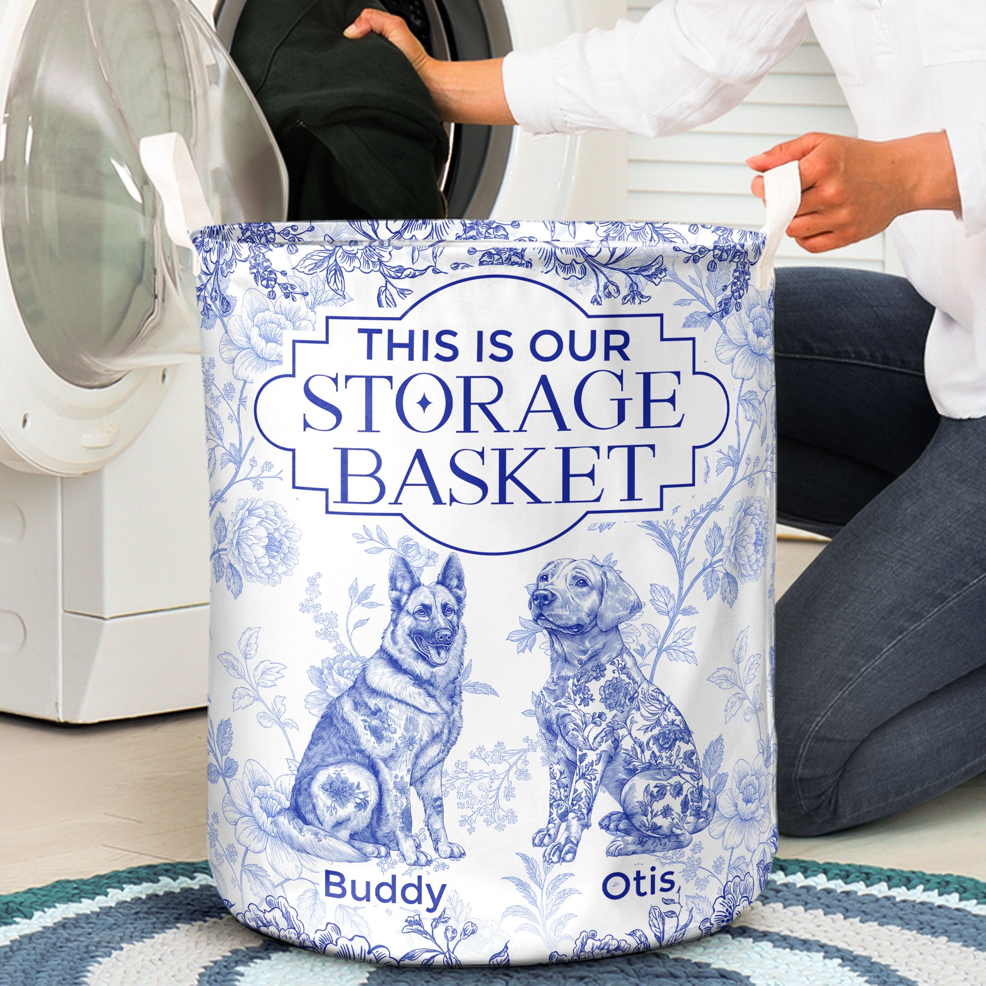 Dog Custom Breeds Floral Toile De Jouy French - Personalized Laundry Storage Basket