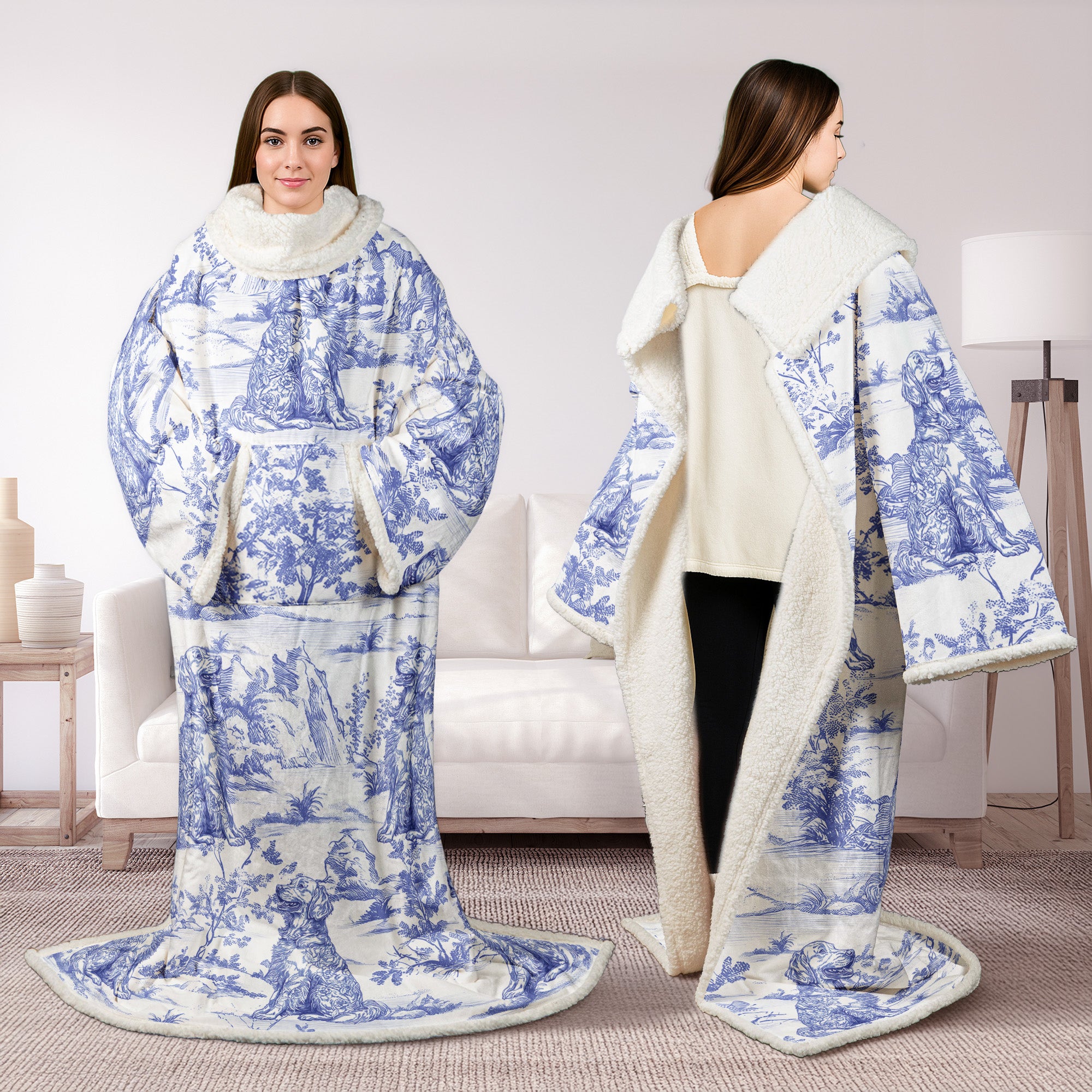 Dog Custom Breeds Toile De Jouy Style - Personalized Wearable Blanket With Sleeves