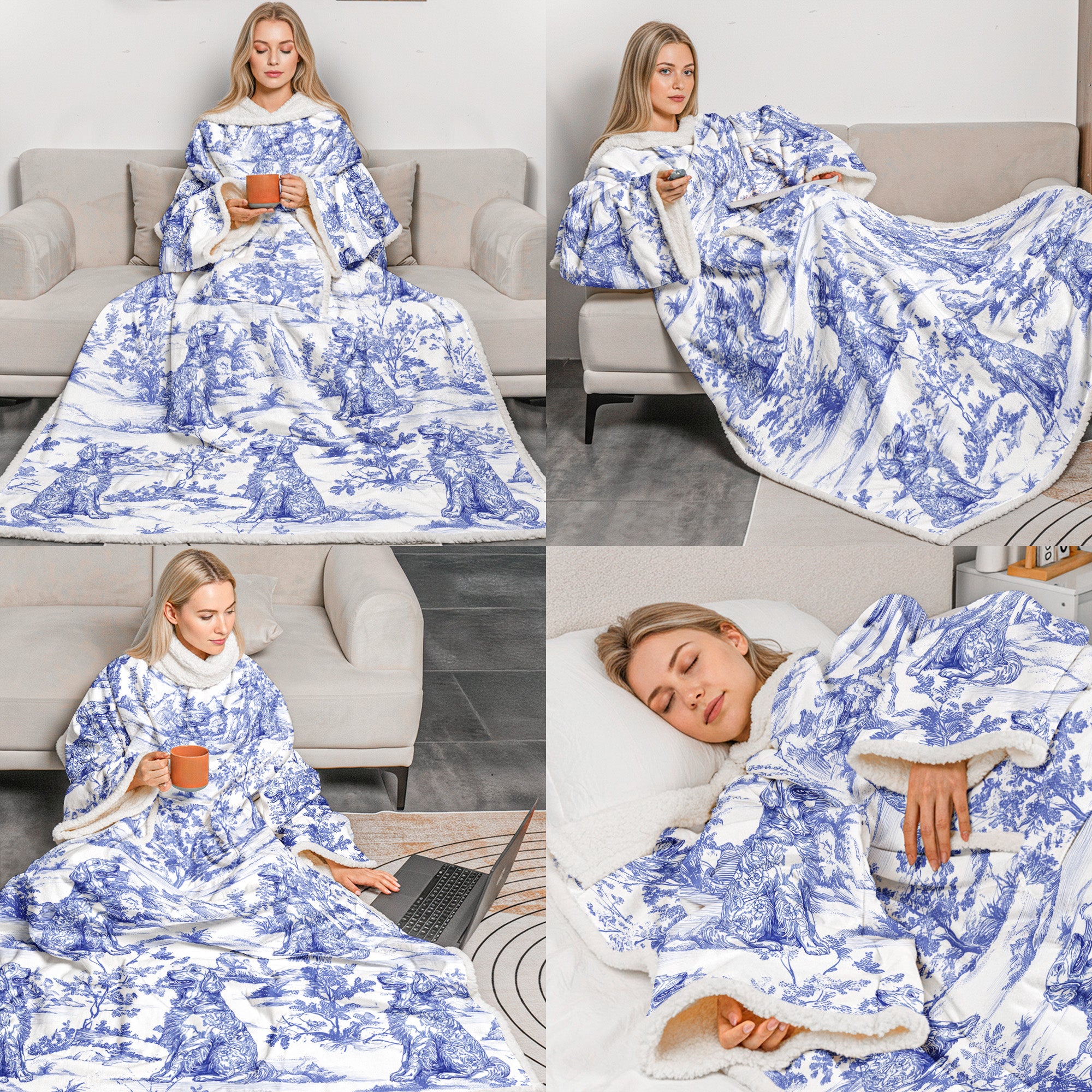 Dog Custom Breeds Toile De Jouy Style - Personalized Wearable Blanket With Sleeves