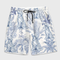 Dog Custom Toile De Jouy French Style Chinoiserie - Personalized Men's Beach Shorts